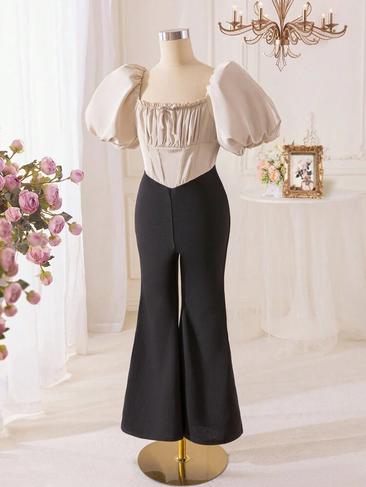 Tween Girl Sweetheart Color Block Puff Sleeve Long Jumpsuit With Square Neckline