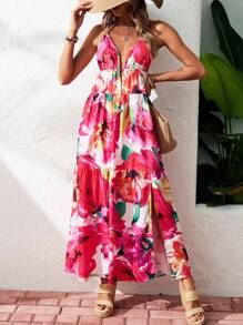 Breezaya 夏季女性花卉印花高側開叉無背帶長裙