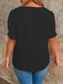 SHEIN Clasi 大碼純色凸緣V領泡泡袖夏季襯衫 - 黑色 - 查看 2