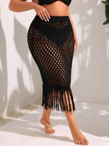 Swim Vcay Plus Size Summer Beach Solid Color Hollow Out Knitted Fringed Hem Cover Up Skirt