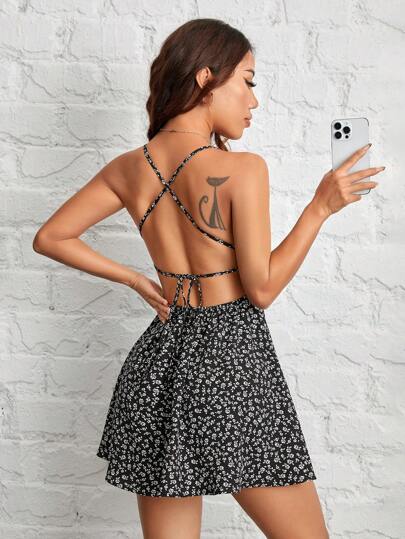 SHEIN PETITE Women's Ditsy Floral Backless Criss-Cross Strap Casual Sun Dress For Vacation,Summer Dresses For Women