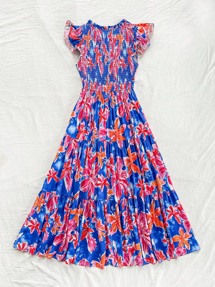 Women's Vacation Summer Romantic Leisure Easter Graduation Season Wedding Season Back To School Season Party Lunch Garden Afternoon Tea Outfit Blue Watercolor Flowers Multi-Color Cap Sleeves Elastic Long Loose Hem Dress