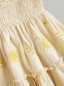 ROMWE Hippie 女款嬉皮刺繡收縮褶皺細肩帶背心，帶荷葉邊的腰部設計 - 杏色 - 查看 4