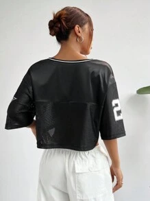 SHEIN EZwear Women's Summer V-Neck Mesh Alphanumeric Print Loose Drop Shoulder Cropped T-Shirt For Watching The Football Game - Black - View 2