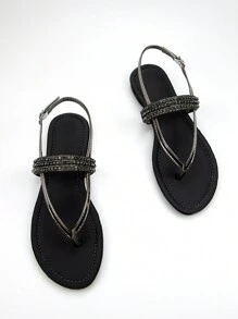 Sandalias elegantes para mujer con decoración de correa y pedrería, tela de lycra gris, cómodas y a la moda, diseño de punta abierta, correa de tobillo y diseño de corbata trasera, tacón plano - Gris - Ver 1