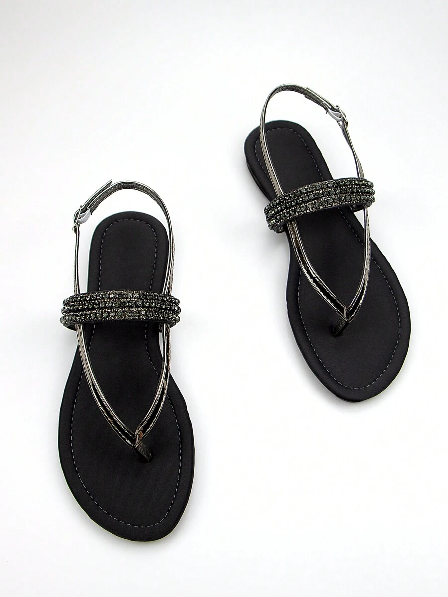 Sandalias elegantes para mujer con decoración de correa y pedrería, tela de lycra gris, cómodas y a la moda, diseño de punta abierta, correa de tobillo y diseño de corbata trasera, tacón plano - Gris - Ver 1
