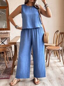 SHEIN Clasi Plus Size Women's Vacation Solid Color Back Strap Round Neck Vest And Loose Wide Leg Pants, 2pcs/Set - Blue - View 6