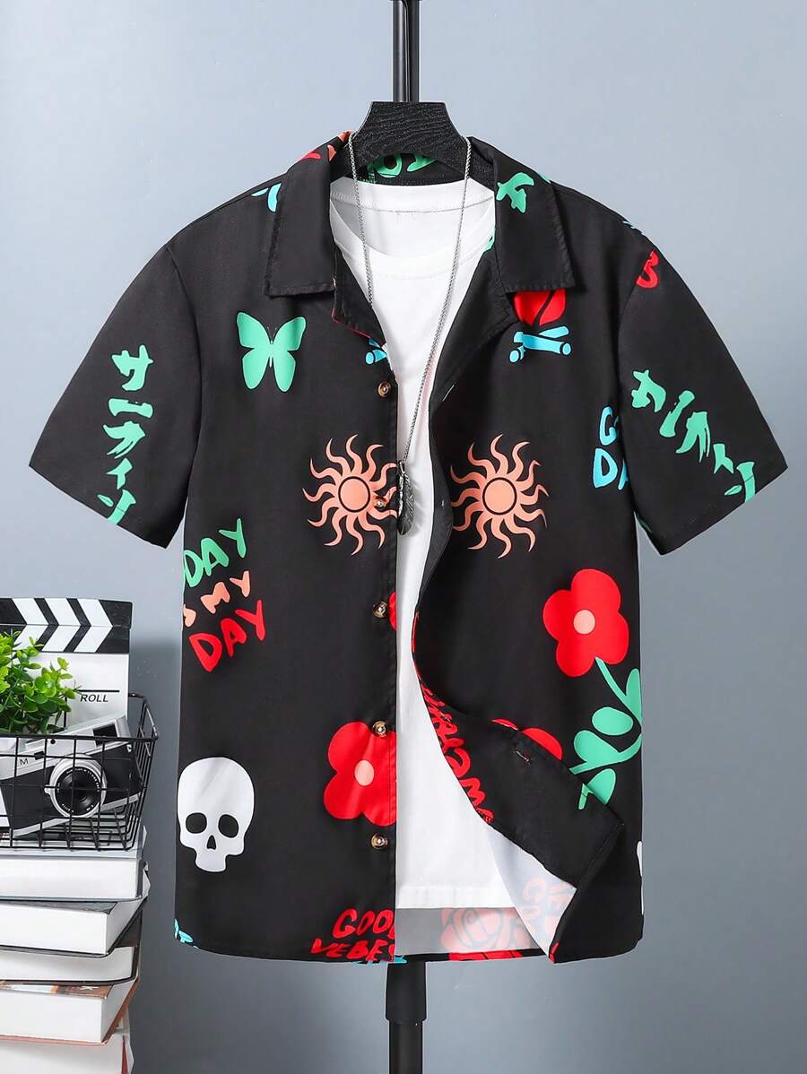 Teen Boys' Simple Printed Short Sleeve Shirt - Black - View 1