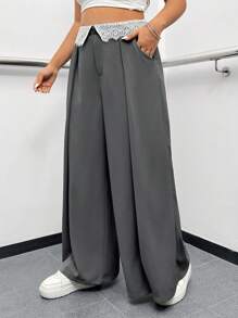 SHEIN EZwear Plus Size White Lace Foldover Belt Pockets Wide Leg Elegant Long Pants