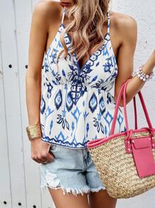 Selianne 女性時尚隨機印花背心上衣 - 藍色 - 查看 1