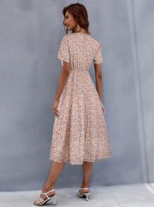 SHEIN LUNE Elegante Vestido Midi Floral Para Mujeres, Escote Redondo, Diseño En Capas, Fácil Cuidado & Duradero, Perfecto Para Outfits Casual De Verano - Rosa - Ver 2