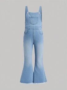 SHEIN Overol de mezclilla azul lavado con campana y decoración de moño para niña joven casual - Lavado ligero - Ver 2