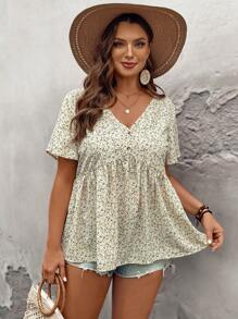 SHEIN LUNE Plus Size Women Floral Pattern V-Neck Short Sleeve Mother Day Shirt For Spring/Summer - Apricot - View 1
