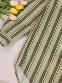 SHEIN Unity 女士時尚條紋寬鬆防曬襯衫，休閒風格 - 綠色 - 查看 4