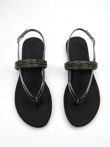 Sandalias elegantes para mujer con decoración de correa y pedrería, tela de lycra gris, cómodas y a la moda, diseño de punta abierta, correa de tobillo y diseño de corbata trasera, tacón plano - Gris - Ver 4