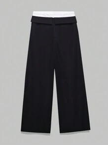 SHEIN EZwear Quần dài đơn giản hàng ngày màu trơn cho nữ - màu đen - Xem 1