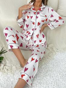 Women's Fashionable Heart Printed Long Sleeve Shirt And Long Pants Pajama Set - Baby Pink - View 3