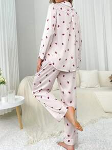 Women's Strawberry Allover Print Long Sleeve Pajama Set With Long Pants