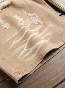 Men's Casual Tie-Dye Ripped Denim Shorts - Khaki - View 4