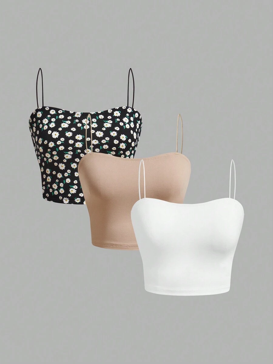 SHEIN EZwear Ensemble de 3 pièces Camisole d'été pour femme, décontracté et tout assorti, couleur unie et motif floral dispersé - Multicolore - Voir 1