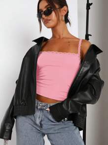 INAWLY Women's Summer Solid Color Lace Splice Slim Fit Camisole Cami Top - Pink - View 3