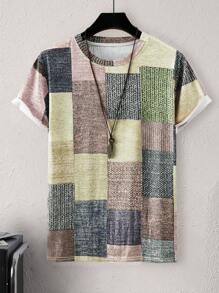 Manfinity Roughcore Camiseta casual de manga corta con cuello redondo para hombre, estampado de cuadros de verano - Multicolor - Ver 4