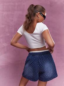 MISSGUIDED 同款刺绣印花平角腰牛仔短裤 - 藍色 - 查看 2