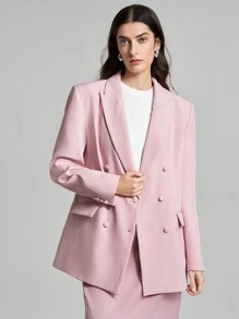 Ontre Women's Solid Color Turn-down Collar Double-breasted Blazer Jacket - Pink - View 6