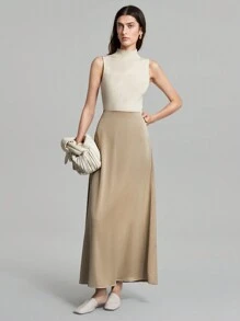 Ontre Women's 2025 Spring New Arrival Solid Color High Waist Satin Drape Skirt, Elegant Versatile Skirt