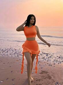 SHEIN SXY Áo crop top ngắn viền bất đối xứng và chân váy mini xếp nếp gợi cảm màu cam 2 món/bộ - Màu Cam cháy - Xem 1