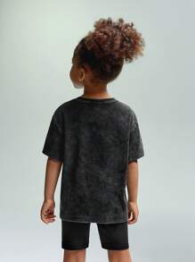 SHEIN 年轻女孩针织纯色印花休闲短袖 T 恤和紧身短裤休闲 2 件套服装 - 彩色 - 查看 2