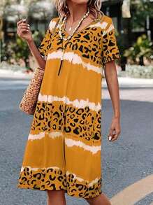 INAWLY Vestido casual de verano para mujer con cuello en V estampado de leopardo de manga corta y corte recto