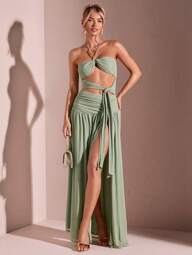 SHEIN BAE Vestido longo feminino para praia no verão em cor sólida com alças franzidas em malha e fenda alta sexy para o Resort