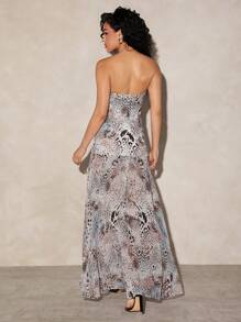 Hauture Sexy Leopard Print High Slit Strapless Dress - White - View 2
