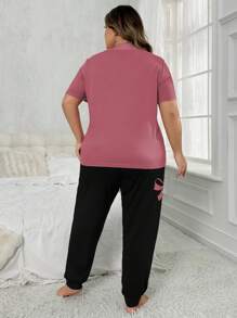 Conjunto de pijama de talla grande para mujer con camiseta de manga corta con cuello redondo y pantalones con lazos impresos, verano - Negro - Ver 2