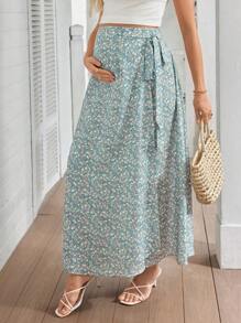 SHEIN Maternity Summer Vacation High Split Floral Print Skirt - Green - View 3