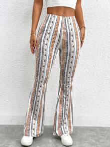 SHEIN PETITE Pantalones acampanados con estampado geométrico, pantalones bohemios de verano - Multicolor - Ver 4