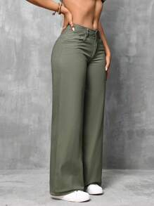 SHEIN SXY 女式寬鬆直筒口袋休閒牛仔褲 - 軍綠色 - 查看 6