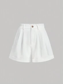 SHEIN MOD Conjunto de verano de mujer en blanco, que incluye top de bolsillo pañuelo y pantalones cortos de pierna ancha de cintura alta con pliegues y dobladillo enrollado, un conjunto casual y cómodo de dos piezas para el estilo "dinero viejo" del verano. Un conjunto de pantalones cortos de invierno, un conjunto de ropa casual de oficina para mujeres para la escuela o el trabajo. - Blanco - Ver 5