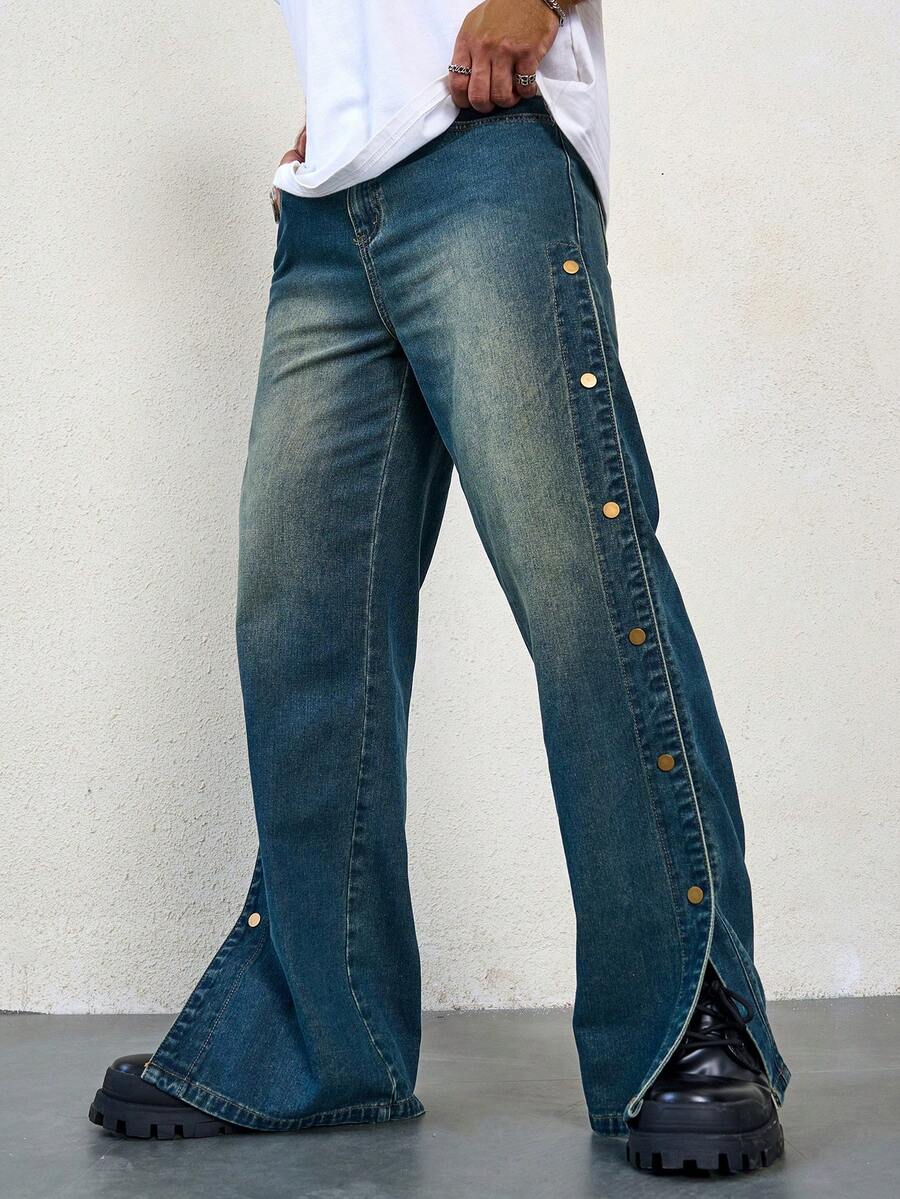 Men Casual Loose-Fitting Wide Leg Jeans With Side Button Fly And Washed Finish - Blue - View 1