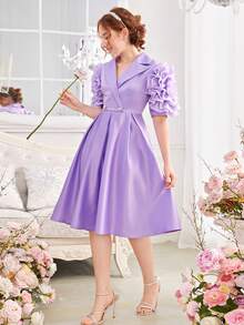 SHEIN Vestido de estilo traje morado para adolescente con solapa escalonada, mangas y detalles florales en 3D en cierre de doble botonadura, estilo elegante - Morado - Ver 6