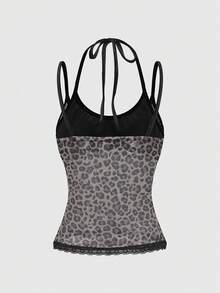 ROMWE J-Fashion Lưới nhung mịn & họa tiết da báo, viền ren ruy băng, 2 trong 1, áo yếm nữ hở lưng - Nhiều màu - Xem 2