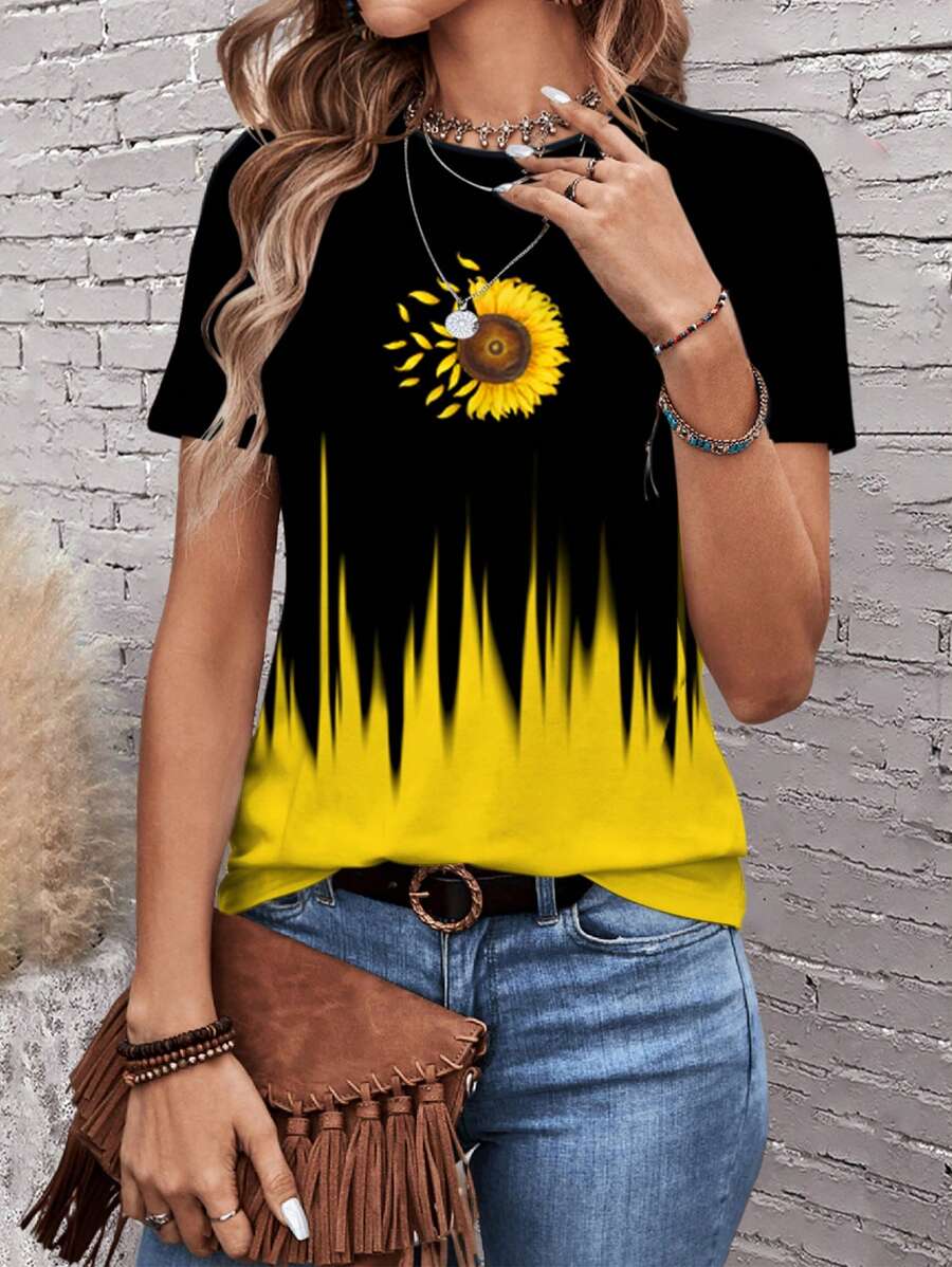 EMERY ROSE Casual And Simple Sunflower Tie Dye Printed Round Neck Short Sleeve Women's T-Shirt, Suitable For Summer Suitable For Going Out,Casual