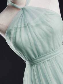 SHEIN 少女婚禮季優雅網紗伴娘洋裝，適用於婚禮、生日、春夏季 - 綠色 - 查看 3