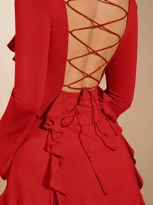 SHEIN BAE 夏装＆迷你裙＆黄色连衣裙＆露背＆后系带＆长袖连衣裙＆日常约会＆甜美女孩海滩度假＆音乐节连衣裙＆荷叶边装饰性感甜美女装 - 紅色 - 查看 4
