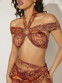 Hauture Conjunto de 2 piezas de verano para mujer con top con cuello halter y estampado floral hueco + falda con abertura alta en el muslo