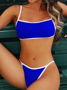 SHEIN Swim Conjunto de bikini deportivo con diseño de bloques de colores azul y blanco, para el verano