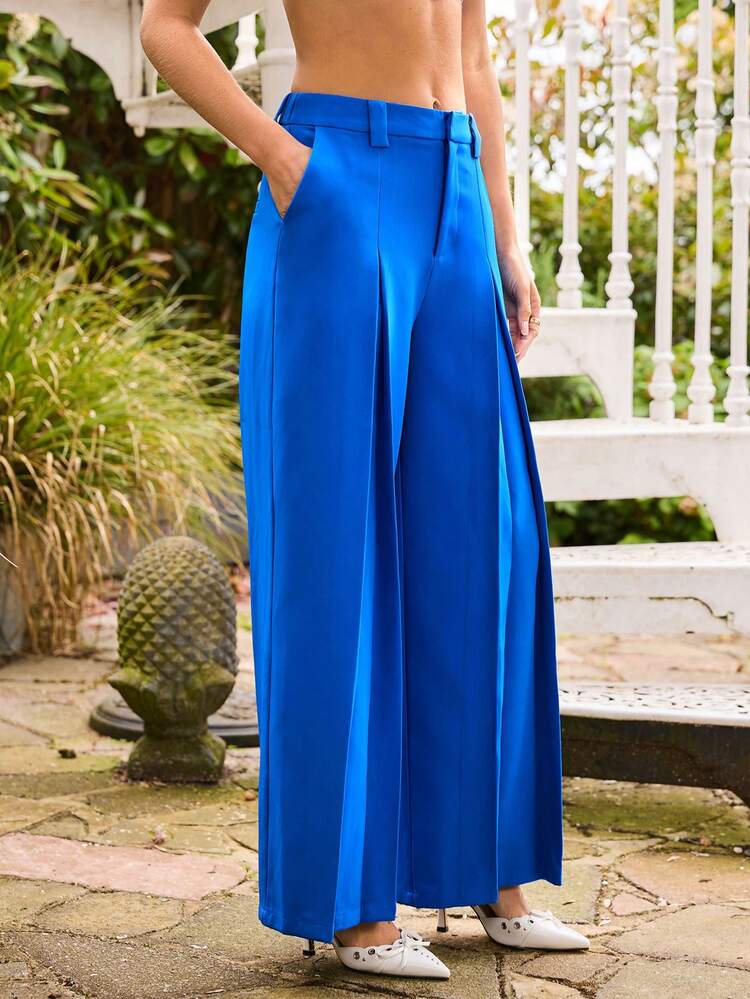 Ladies' Summer Casual Old Money Style Klein Blue Wide-Leg Trousers.