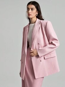 Ontre Women's Solid Color Turn-down Collar Double-breasted Blazer Jacket - Pink - View 7