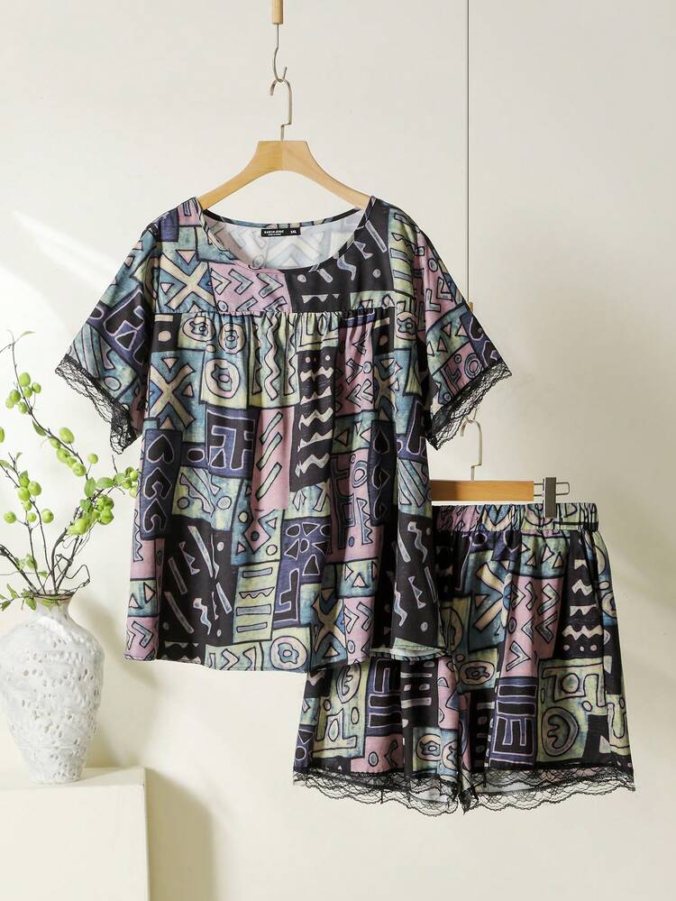 Plus Size Vacation Leisure Full Print Contrast Lace Hem Short Sleeve Shorts Set